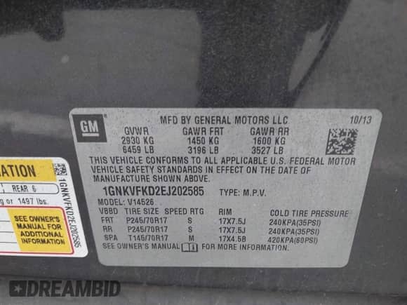 2014 Chevrolet Traverse LS z VIN 1GNKVFKD2EJ202585, wystawiony jako IAAI lot #42585179 z przebiegiem 107 460 mil mil oraz . Historia ofert i sprzedaży dostępna na DreamBid. Obrazek 9.
