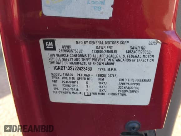 2002 Chevrolet TrailBlazer LS z VIN 1GNDT13S722423460, wystawiony jako IAAI lot #41401201 z przebiegiem 203 385 mil mil oraz . Historia ofert i sprzedaży dostępna na DreamBid. Obrazek 9.