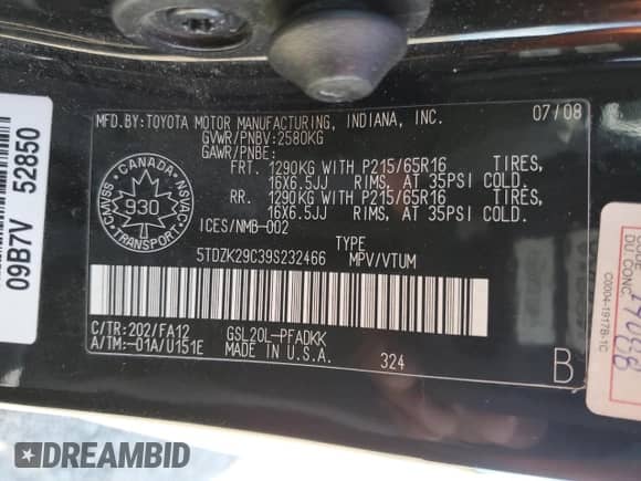 2009 Toyota Sienna CE с VIN 5TDZK29C39S232466, выставлен на аукционе Copart как лот 63228965 с пробегом 297 345 миль миль и Списание • Salvage title. История ставок и продаж доступна на DreamBid. Изображение 13.