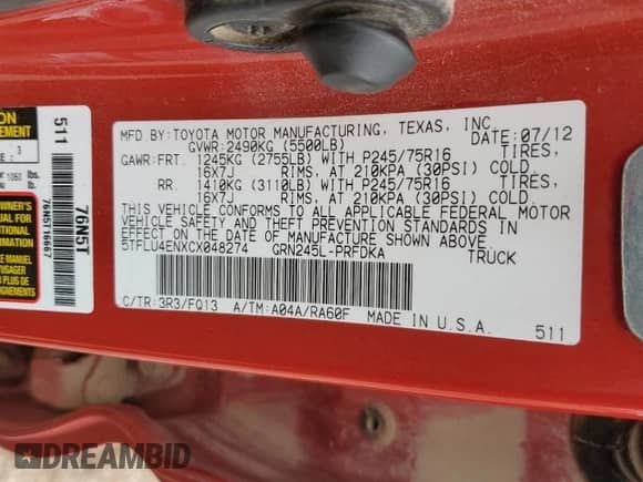 2012 Toyota Tacoma with VIN 5TFLU4ENXCX048274, listed as a Copart auction lot 70017845 with 167,828 mi miles and Salvage title. Bid and sale history available at DreamBid. Image 12.