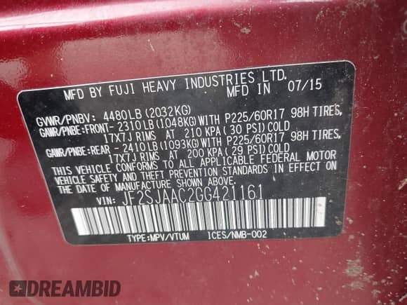 2016 Subaru Forester 2.5i with VIN JF2SJAAC2GG421161, listed as a IAAI auction lot 42765771 with 162,480 mi miles and . Bid and sale history available at DreamBid. Image 9.