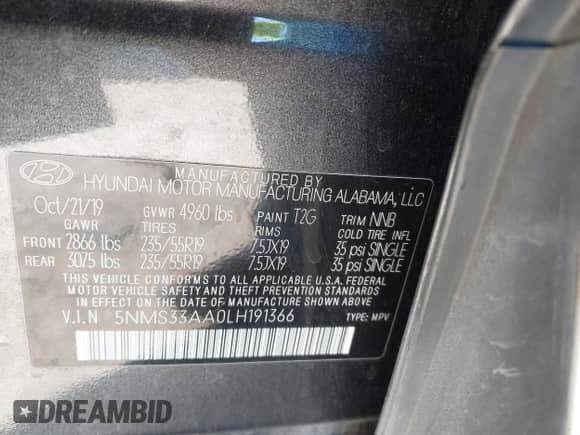 2020 Hyundai Santa Fe SEL с VIN 5NMS33AA0LH191366, выставлен на аукционе IAAI как лот 41488861 с пробегом Не указан миль и . История ставок и продаж доступна на DreamBid. Изображение 9.