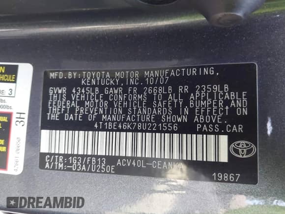 2008 Toyota Camry LE с VIN 4T1BE46K78U221556, выставлен на аукционе IAAI как лот 43265230 с пробегом 68 295 миль миль и . История ставок и продаж доступна на DreamBid. Изображение 9.