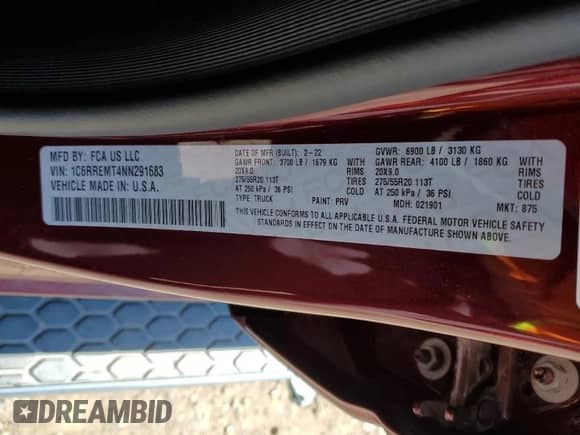 2022 Ram 1500 Big Horn with VIN 1C6RREMT4NN291683, listed as a Copart auction lot 83804625 with 74,025 mi miles and Salvage title. Bid and sale history available at DreamBid. Image 13.