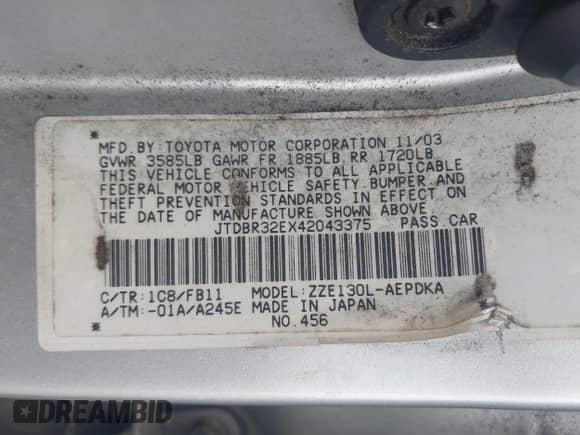 2004 Toyota Corolla CE with VIN JTDBR32EX42043375, listed as a IAAI auction lot 43285995 with Not provided miles and . Bid and sale history available at DreamBid. Image 9.