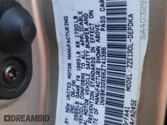 2006 Toyota Corolla LE z VIN 1NXBR32E66Z741386, wystawiony jako Copart lot #85166965 z przebiegiem 86 688 mil mil oraz Czysty tytuł • Clean title. Historia ofert i sprzedaży dostępna na DreamBid. Obrazek 12.