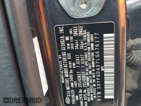 2020 Kia Sorento LX with VIN 5XYPGDA37LG676177, listed as a Copart auction lot 59035835 with 44,431 mi miles and Salvage title. Bid and sale history available at DreamBid. Image 13.