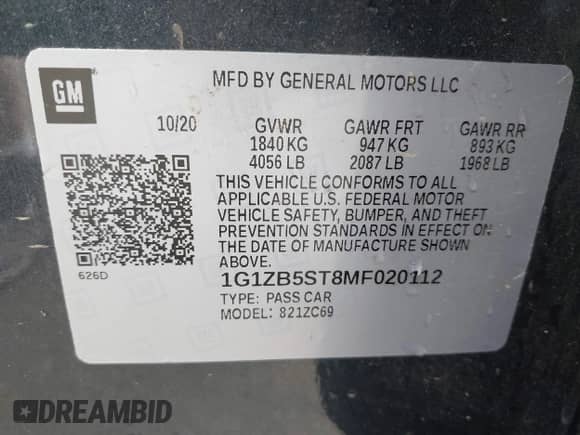 2021 Chevrolet Malibu LS с VIN 1G1ZB5ST8MF020112, выставлен на аукционе IAAI как лот 42433204 с пробегом 60 966 миль миль и . История ставок и продаж доступна на DreamBid. Изображение 9.