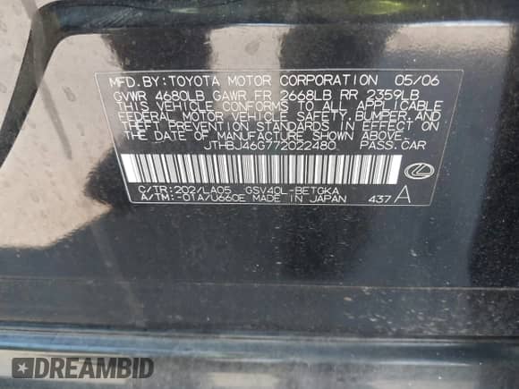 2007 Lexus ES 330 with VIN JTHBJ46G772022480, listed as a IAAI auction lot 43409190 with 178,327 mi miles and . Bid and sale history available at DreamBid. Image 9.