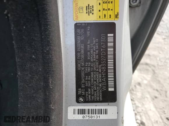 2007 BMW 7 Series 750Li with VIN WBAHN83527DT67301, listed as a Copart auction lot 84399195 with Not provided miles and Salvage title. Bid and sale history available at DreamBid. Image 12.