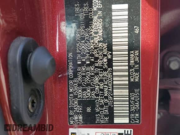 2004 Toyota Highlander with VIN JTEGP21A440028978, listed as a Copart auction lot 83792665 with 210,427 mi miles and Non repairable. Bid and sale history available at DreamBid. Image 14.