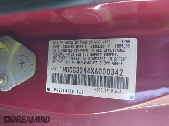 1999 Honda Accord LX with VIN 1HGCG3244XA000342, listed as a IAAI auction lot 43477089 with 223,177 mi miles and . Bid and sale history available at DreamBid. Image 9.