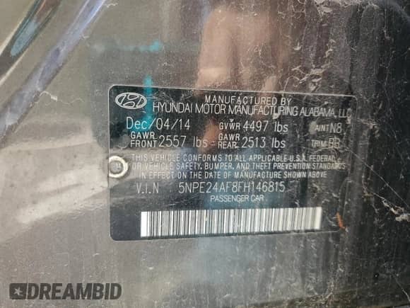 2015 Hyundai Sonata SE with VIN 5NPE24AF8FH146815, listed as a Copart auction lot 82354025 with 176,192 mi miles and Clean title. Bid and sale history available at DreamBid. Image 12.