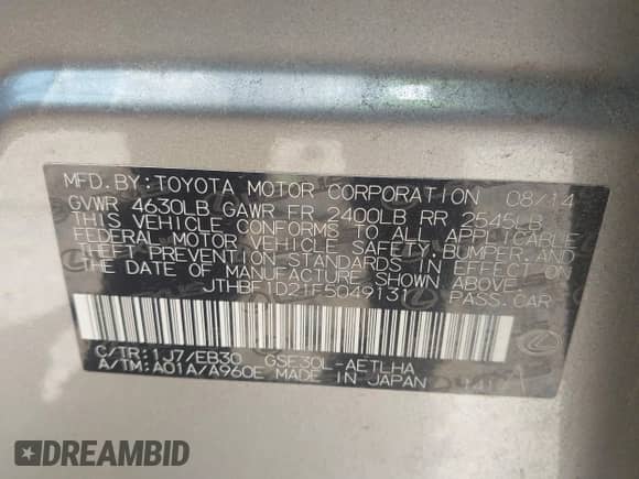 2015 Lexus IS 250 with VIN JTHBF1D21F5049131, listed as a IAAI auction lot 42547348 with 139,206 mi miles and . Bid and sale history available at DreamBid. Image 9.