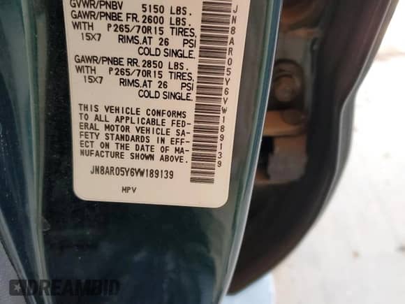 1997 Nissan Pathfinder XE z VIN JN8AR05Y6VW189139, wystawiony jako Copart lot #59226405 z przebiegiem 136 063 mil mil oraz Czysty tytuł • Clean title. Historia ofert i sprzedaży dostępna na DreamBid. Obrazek 13.