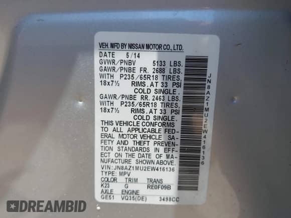 2014 Nissan Murano SV z VIN JN8AZ1MU2EW416136, wystawiony jako IAAI lot #42911760 z przebiegiem 156 262 mil mil oraz . Historia ofert i sprzedaży dostępna na DreamBid. Obrazek 9.