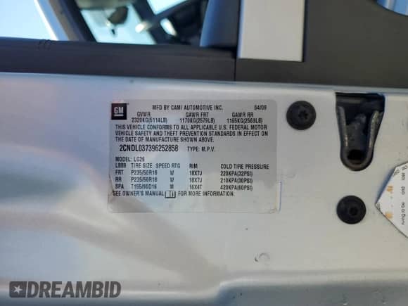 2009 Chevrolet Equinox Sport с VIN 2CNDL037396252858, выставлен на аукционе Copart как лот 69643155 с пробегом 79 981 миль миль и Списание • Salvage title. История ставок и продаж доступна на DreamBid. Изображение 12.