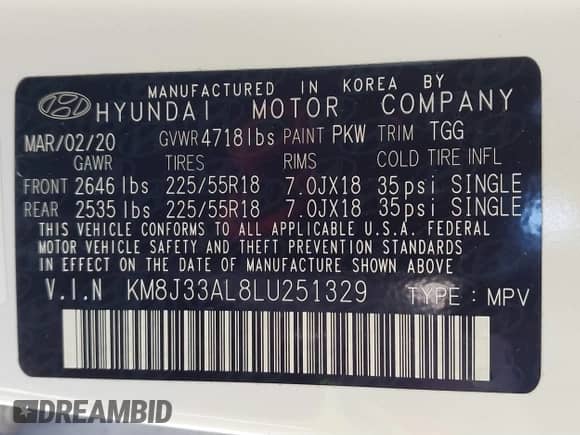 2020 Hyundai Tucson Sport with VIN KM8J33AL8LU251329, listed as a IAAI auction lot 41254246 with 61,626 mi miles and . Bid and sale history available at DreamBid. Image 9.