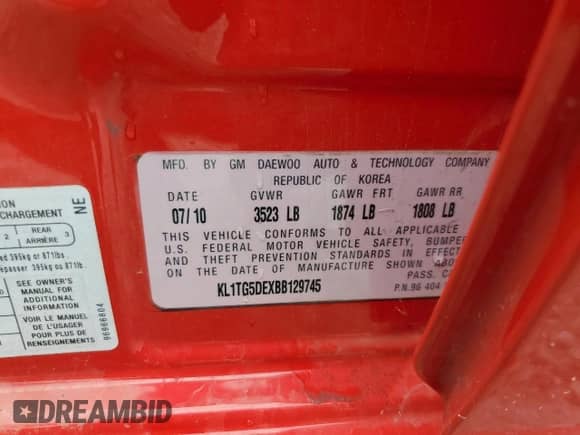 2011 Chevrolet Aveo 2LT с VIN KL1TG5DEXBB129745, выставлен на аукционе Copart как лот 82353045 с пробегом 96 515 миль миль и Списание • Salvage title. История ставок и продаж доступна на DreamBid. Изображение 12.