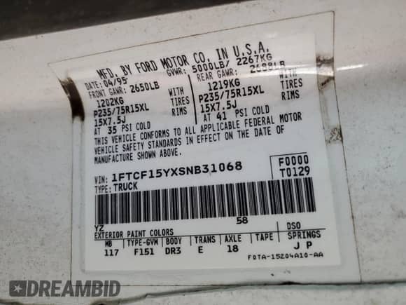 1995 Ford F-150 z VIN 1FTCF15YXSNB31068, wystawiony jako Copart lot #51869245 z przebiegiem Nie podano mil oraz Czysty tytuł • Clean title. Historia ofert i sprzedaży dostępna na DreamBid. Obrazek 12.