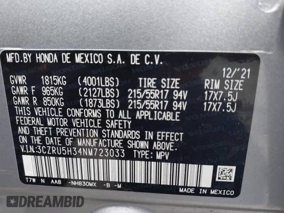 2022 Honda HR-V LX с VIN 3CZRU5H34NM723033, выставлен на аукционе IAAI как лот 43202425 с пробегом Не указан миль и . История ставок и продаж доступна на DreamBid. Изображение 9.