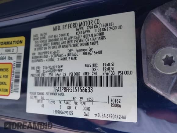 2020 Ford Mustang GT Premium с VIN 1FATP8FF5L5156633, выставлен на аукционе IAAI как лот 41648944 с пробегом 30 939 миль миль и . История ставок и продаж доступна на DreamBid. Изображение 9.