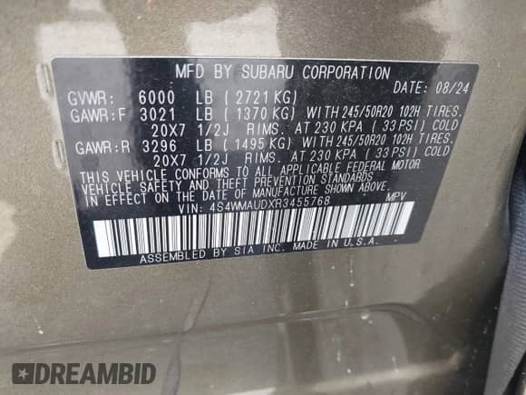 2024 Subaru Ascent Limited with VIN 4S4WMAUDXR3455768, listed as a IAAI auction lot 42236821 with Not provided miles and . Bid and sale history available at DreamBid. Image 9.