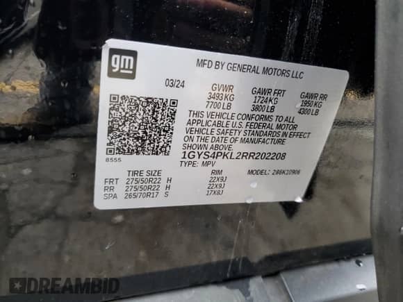 2024 Cadillac Escalade ESV 4WD Sport с VIN 1GYS4PKL2RR202208, выставлен на аукционе Copart как лот 67775535 с пробегом Не указан миль и На запчасти • Non repairable. История ставок и продаж доступна на DreamBid. Изображение 14.