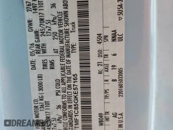 2016 Ford F-150 XL с VIN 1FTMF1C85GKE57165, выставлен на аукционе Copart как лот 71002545 с пробегом 102 436 миль миль и Списание • Salvage title. История ставок и продаж доступна на DreamBid. Изображение 12.