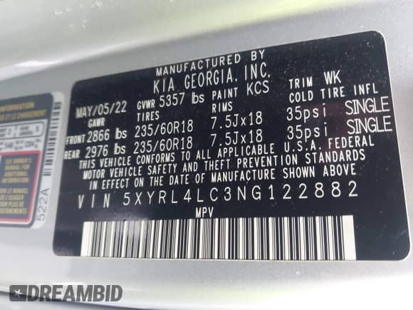 2022 Kia Sorento S с VIN 5XYRL4LC3NG122882, выставлен на аукционе IAAI как лот 42957403 с пробегом 44 814 миль миль и . История ставок и продаж доступна на DreamBid. Изображение 9.