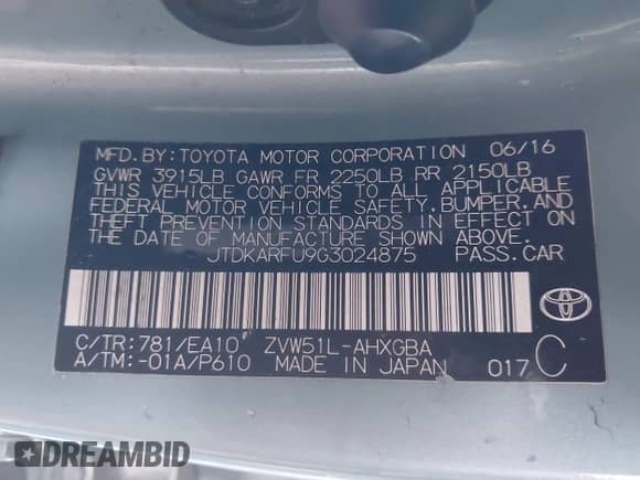 2016 Toyota Prius Four z VIN JTDKARFU9G3024875, wystawiony jako IAAI lot #42314235 z przebiegiem 101 383 mil mil oraz . Historia ofert i sprzedaży dostępna na DreamBid. Obrazek 9.