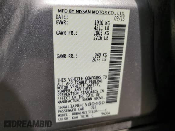 2015 Nissan Altima S с VIN 1N4AL3AP8FC580460, выставлен на аукционе Copart как лот 59608725 с пробегом 78 040 миль миль и Чистый • Clean title. История ставок и продаж доступна на DreamBid. Изображение 13.