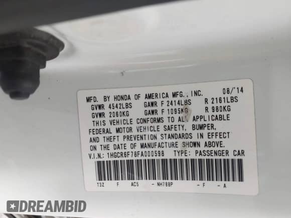 2015 Honda Accord Touring z VIN 1HGCR6F78FA000598, wystawiony jako IAAI lot #43235518 z przebiegiem 225 245 mil mil oraz . Historia ofert i sprzedaży dostępna na DreamBid. Obrazek 9.