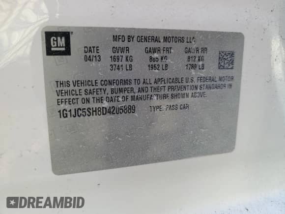 2013 Chevrolet Sonic LT с VIN 1G1JC5SH8D4205889, выставлен на аукционе Copart как лот 87372925 с пробегом 154 999 миль миль и Чистый • Clean title. История ставок и продаж доступна на DreamBid. Изображение 12.