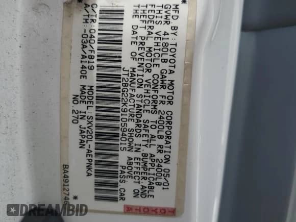 2001 Toyota Camry CE z VIN JT2BG22K910594015, wystawiony jako Copart lot #65016895 z przebiegiem 164 481 mil mil oraz Szkoda całkowita • Salvage title. Historia ofert i sprzedaży dostępna na DreamBid. Obrazek 12.