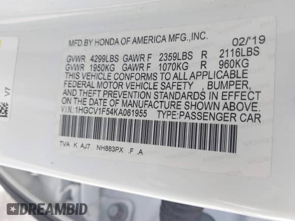 2019 Honda Accord EX-L с VIN 1HGCV1F54KA061955, выставлен на аукционе IAAI как лот 42645212 с пробегом 64 486 миль миль и . История ставок и продаж доступна на DreamBid. Изображение 9.