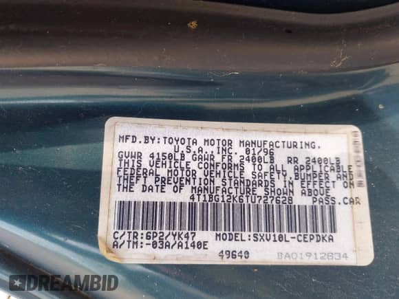 1996 Toyota Camry DX z VIN 4T1BG12K6TU727628, wystawiony jako IAAI lot #43262635 z przebiegiem 312 845 mil mil oraz . Historia ofert i sprzedaży dostępna na DreamBid. Obrazek 9.