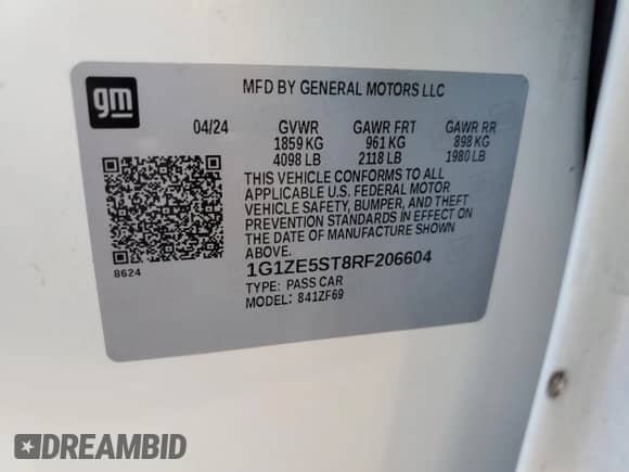 2024 Chevrolet Malibu LT с VIN 1G1ZE5ST8RF206604, выставлен на аукционе Copart как лот 81611085 с пробегом 33 000 миль миль и Чистый • Clean title. История ставок и продаж доступна на DreamBid. Изображение 13.