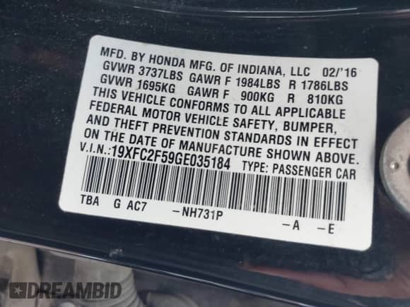 2016 Honda Civic LX z VIN 19XFC2F59GE035184, wystawiony jako IAAI lot #43242650 z przebiegiem 203 773 mil mil oraz . Historia ofert i sprzedaży dostępna na DreamBid. Obrazek 9.
