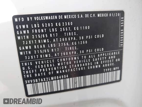 2020 Volkswagen Tiguan SE с VIN 3VV3B7AX2LM094994, выставлен на аукционе IAAI как лот 43388789 с пробегом 50 898 миль миль и . История ставок и продаж доступна на DreamBid. Изображение 9.