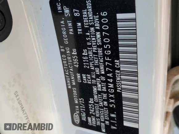 2015 Kia Optima LX with VIN 5XXGM4A77FG507006, listed as a Copart auction lot 48728275 with 84,807 mi miles and Salvage title. Bid and sale history available at DreamBid. Image 13.