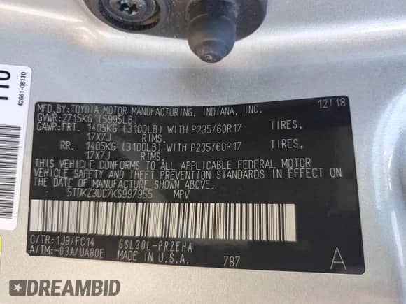 2019 Toyota Sienna LE Auto Access Seat with VIN 5TDKZ3DC7KS997955, listed as a Copart auction lot 80658535 with 92,729 mi miles and Salvage title. Bid and sale history available at DreamBid. Image 14.