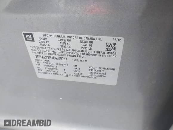 2012 Chevrolet Equinox 2LT z VIN 2GNALPEK1C6365711, wystawiony jako IAAI lot #43321418 z przebiegiem 156 222 mil mil oraz . Historia ofert i sprzedaży dostępna na DreamBid. Obrazek 9.