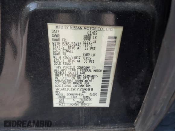 2005 Nissan Pathfinder SE with VIN 5N1AR18U25C729688, listed as a IAAI auction lot 42279502 with 164,626 mi miles and . Bid and sale history available at DreamBid. Image 9.