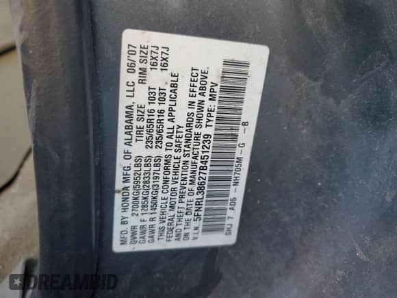 2007 Honda Odyssey EX-L z VIN 5FNRL38627B451239, wystawiony jako Copart lot #82254835 z przebiegiem 174 201 mil mil oraz Szkoda całkowita • Salvage title. Historia ofert i sprzedaży dostępna na DreamBid. Obrazek 13.
