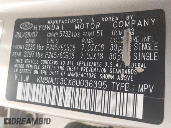2008 Hyundai Veracruz GLS with VIN KM8NU13CX8U036395, listed as a IAAI auction lot 42779441 with 138,822 mi miles and . Bid and sale history available at DreamBid. Image 9.