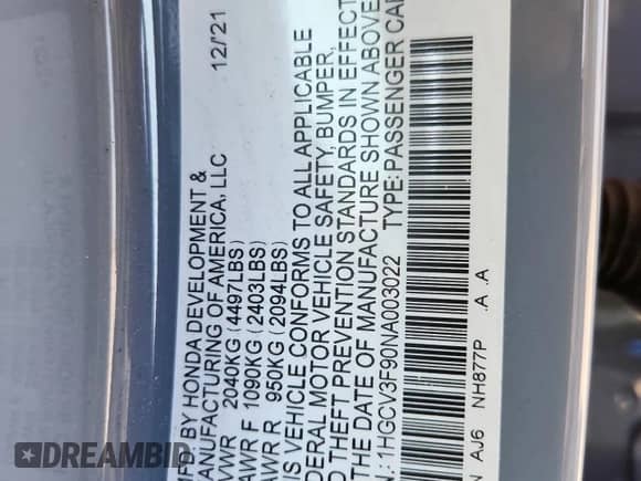 2022 Honda Accord Touring with VIN 1HGCV3F90NA003022, listed as a Copart auction lot 70219285 with 49,672 mi miles and Salvage title. Bid and sale history available at DreamBid. Image 12.