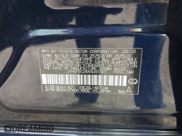 2010 Lexus IS 250 z VIN JTHCF5C28A5041307, wystawiony jako IAAI lot #43276353 z przebiegiem 149 468 mil mil oraz . Historia ofert i sprzedaży dostępna na DreamBid. Obrazek 9.