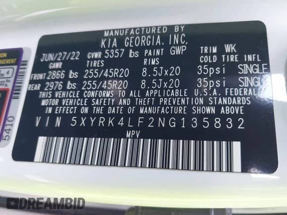 2022 Kia Sorento SX with VIN 5XYRK4LF2NG135832, listed as a IAAI auction lot 41990129 with 41,718 mi miles and . Bid and sale history available at DreamBid. Image 9.