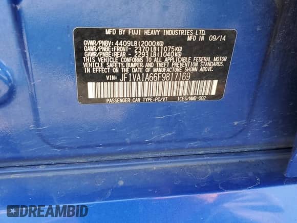 2015 Subaru WRX with VIN JF1VA1A66F9817169, listed as a Copart auction lot 65351825 with 189,157 mi miles and Salvage title. Bid and sale history available at DreamBid. Image 12.